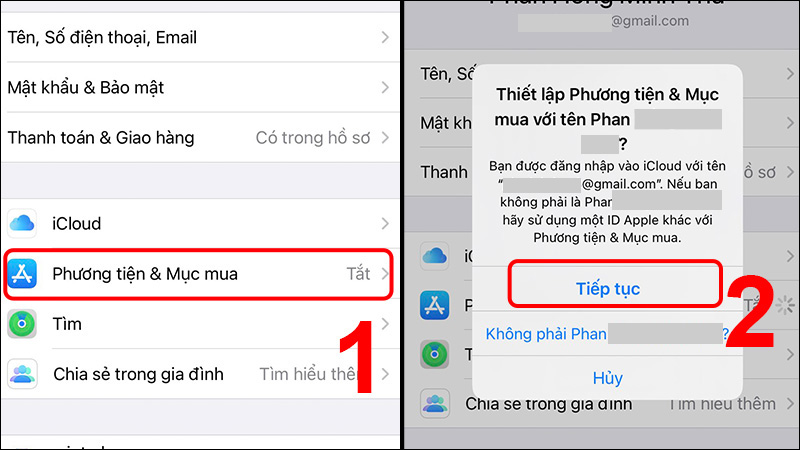 Nhấp chọn Phương tiện và Mục mua để tiếp tục thiết lập với tài khoản trước